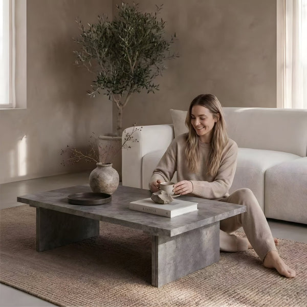English Elm Modern Faux Micro Cement Rectangular Coffee Table Low Profile Slate Wabi Sabi Living Room W3456P498930