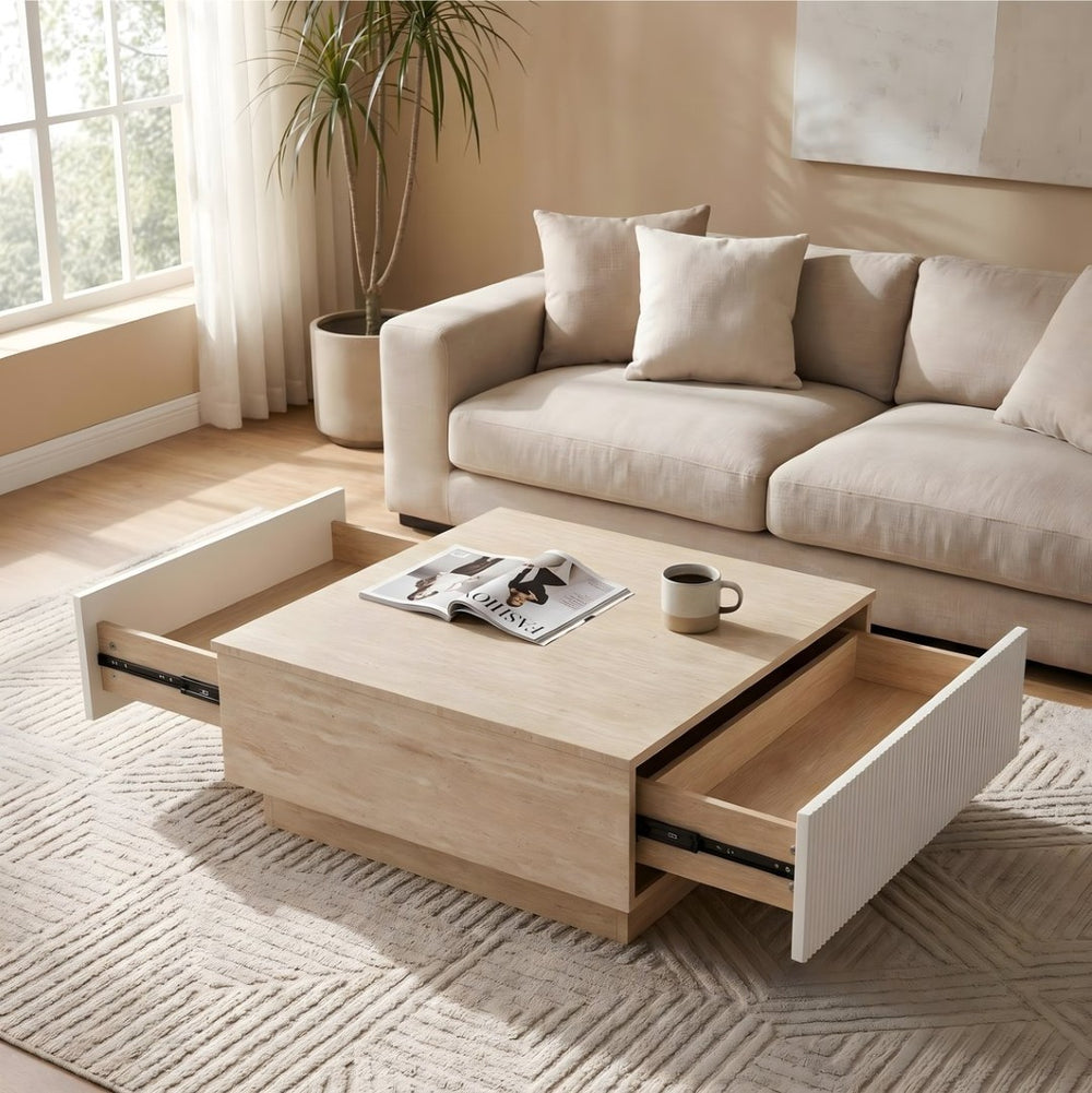 English Elm Modern Faux Travertine Square Coffee Table with Two Drawers for Japandi Living W3456P498931
