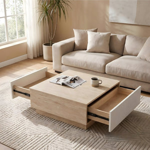 English Elm Modern Faux Travertine Square Coffee Table with Two Drawers for Japandi Living W3456P498931