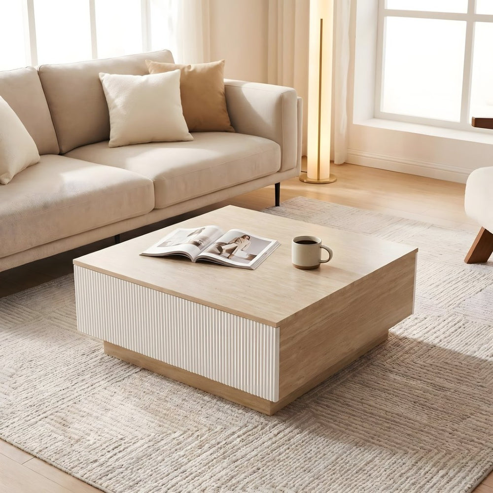 English Elm Modern Faux Travertine Square Coffee Table with Two Drawers for Japandi Living W3456P498931