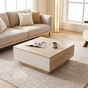 English Elm Modern Faux Travertine Square Coffee Table with Two Drawers for Japandi Living W3456P498931