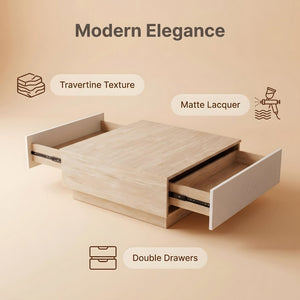 English Elm Modern Faux Travertine Square Coffee Table with Two Drawers for Japandi Living W3456P498931