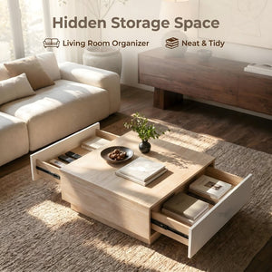 English Elm Modern Faux Travertine Square Coffee Table with Two Drawers for Japandi Living W3456P498931