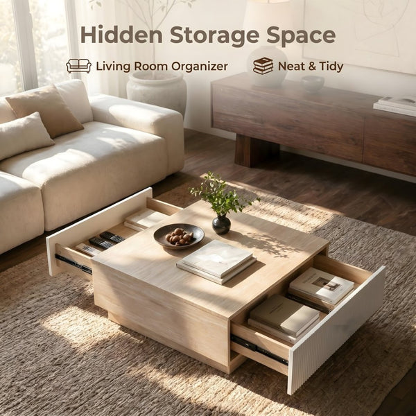 English Elm Modern Faux Travertine Square Coffee Table with Two Drawers for Japandi Living W3456P498931