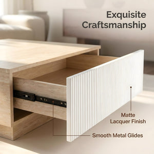 English Elm Modern Faux Travertine Square Coffee Table with Two Drawers for Japandi Living W3456P498931