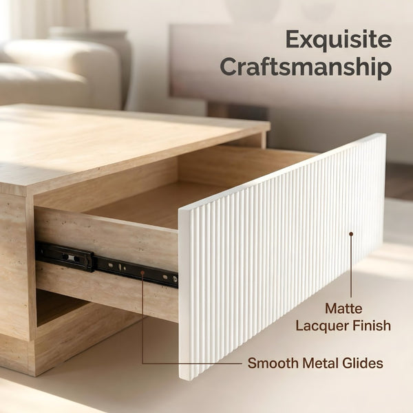 English Elm Modern Faux Travertine Square Coffee Table with Two Drawers for Japandi Living W3456P498931