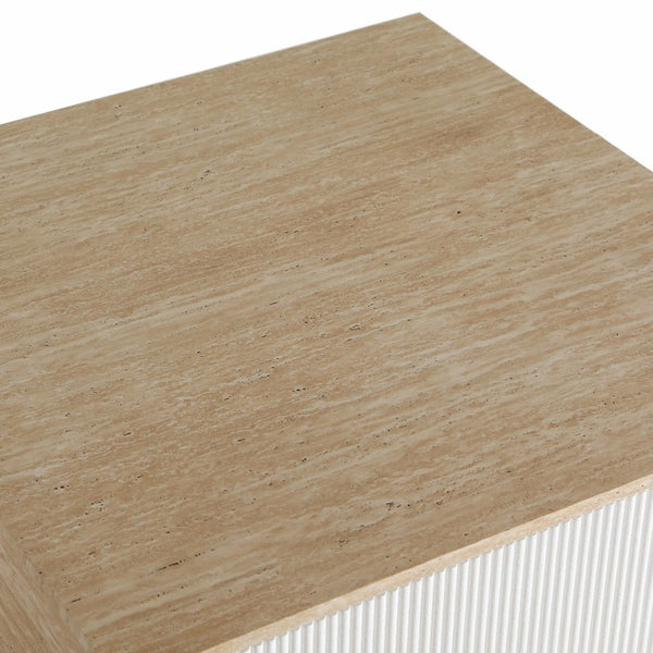 English Elm Modern Faux Travertine Square Coffee Table with Two Drawers for Japandi Living W3456P498931