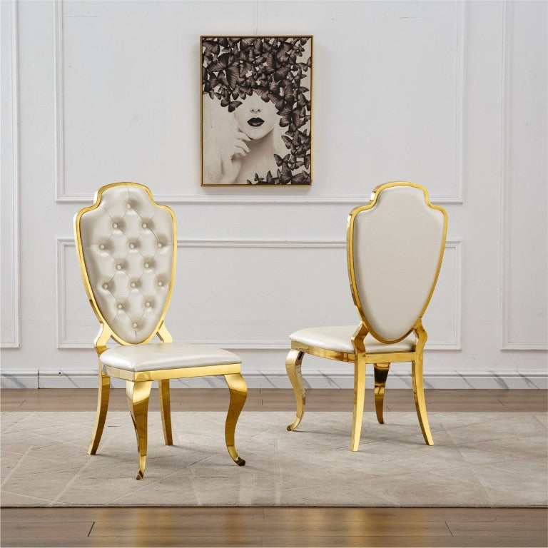 English Elm Stainless Steel Glam Dining Chair Set Tufted Faux Leather Seat with Gold Polished Legs Gold+White W3456P567306