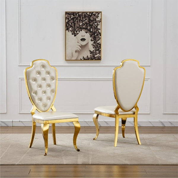 English Elm Stainless Steel Glam Dining Chair Set Tufted Faux Leather Seat with Gold Polished Legs Gold+White W3456P567306