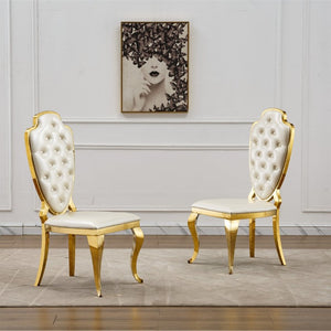English Elm Stainless Steel Glam Dining Chair Set Tufted Faux Leather Seat with Gold Polished Legs Gold+White W3456P567306