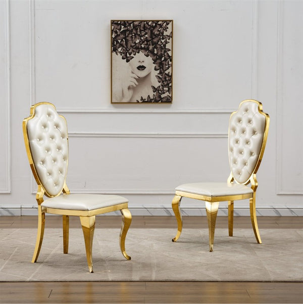 English Elm Stainless Steel Glam Dining Chair Set Tufted Faux Leather Seat with Gold Polished Legs Gold+White W3456P567306