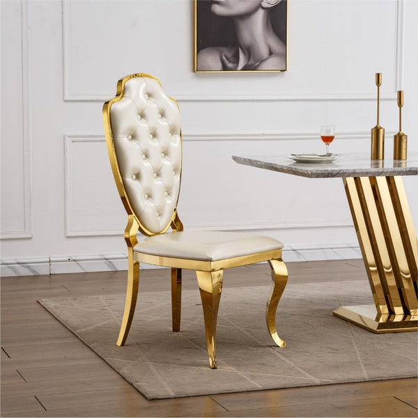 English Elm Stainless Steel Glam Dining Chair Set Tufted Faux Leather Seat with Gold Polished Legs Gold+White W3456P567306