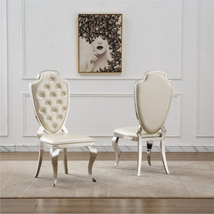 English Elm Stainless Steel Glam Dining Chair Set Tufted Faux Leather Seat with Gold Polished Legs Silver+White W3456P567308