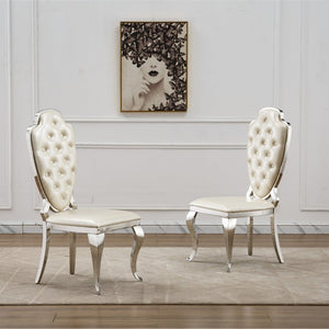 English Elm Stainless Steel Glam Dining Chair Set Tufted Faux Leather Seat with Gold Polished Legs Silver+White W3456P567308