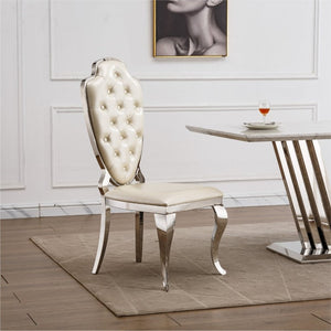 English Elm Stainless Steel Glam Dining Chair Set Tufted Faux Leather Seat with Gold Polished Legs Silver+White W3456P567308