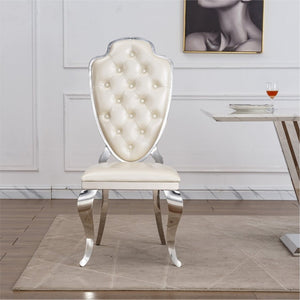 English Elm Stainless Steel Glam Dining Chair Set Tufted Faux Leather Seat with Gold Polished Legs Silver+White W3456P567308