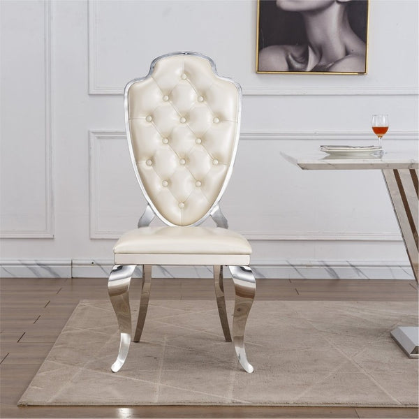 English Elm Stainless Steel Glam Dining Chair Set Tufted Faux Leather Seat with Gold Polished Legs Silver+White W3456P567308
