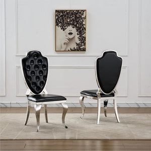 English Elm Stainless Steel Glam Dining Chair Set Tufted Faux Leather Seat with Gold Polished Legs Black+Silver W3456P567309