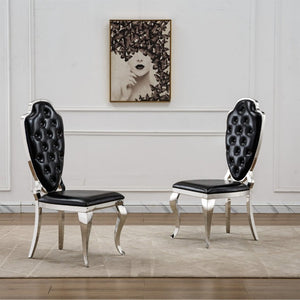 English Elm Stainless Steel Glam Dining Chair Set Tufted Faux Leather Seat with Gold Polished Legs Black+Silver W3456P567309
