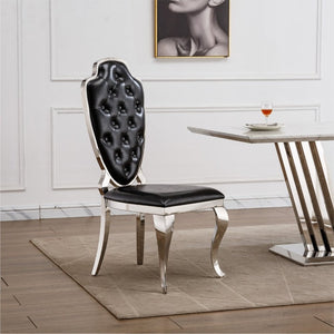 English Elm Stainless Steel Glam Dining Chair Set Tufted Faux Leather Seat with Gold Polished Legs Black+Silver W3456P567309