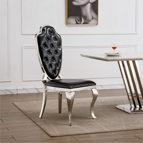 English Elm Stainless Steel Glam Dining Chair Set Tufted Faux Leather Seat with Gold Polished Legs Black+Silver W3456P567309