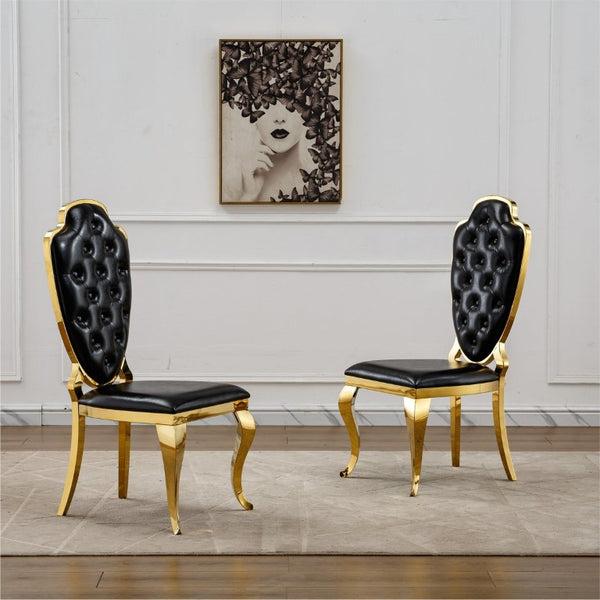 English Elm Stainless Steel Glam Dining Chair Set Tufted Faux Leather with Polished Gold Legs W3456P567310