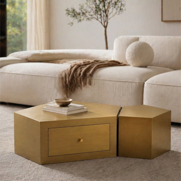 English Elm Modern Brushed Brass Nesting Coffee Tables Set of 2 with Drawer Boho Living Room W3456S00059