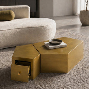English Elm Modern Brushed Brass Nesting Coffee Tables Set of 2 with Drawer Boho Living Room W3456S00059