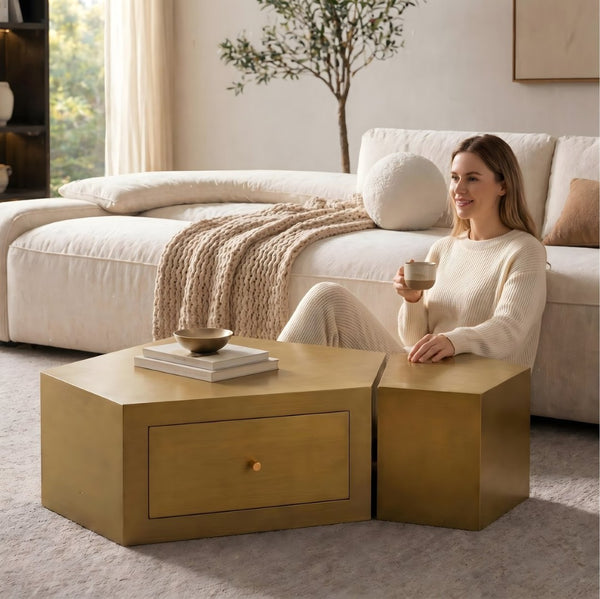 English Elm Modern Brushed Brass Nesting Coffee Tables Set of 2 with Drawer Boho Living Room W3456S00059