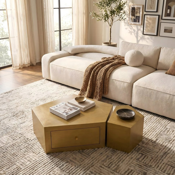 English Elm Modern Brushed Brass Nesting Coffee Tables Set of 2 with Drawer Boho Living Room W3456S00059