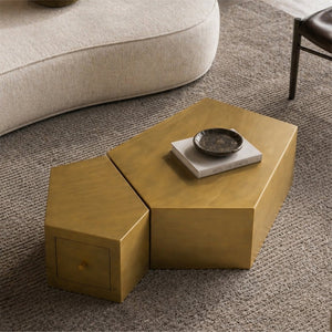 English Elm Modern Brushed Brass Nesting Coffee Tables Set of 2 with Drawer Boho Living Room W3456S00059