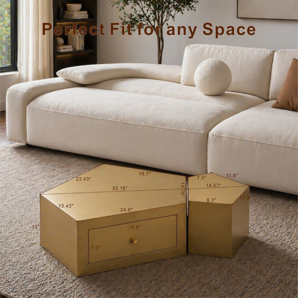 English Elm Modern Brushed Brass Nesting Coffee Tables Set of 2 with Drawer Boho Living Room W3456S00059