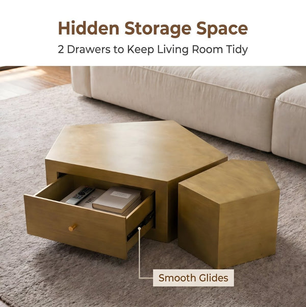 English Elm Modern Brushed Brass Nesting Coffee Tables Set of 2 with Drawer Boho Living Room W3456S00059
