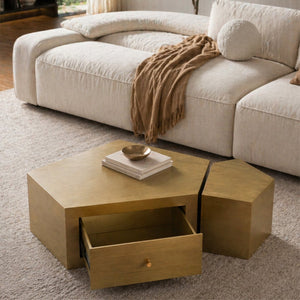 English Elm Modern Brushed Brass Nesting Coffee Tables Set of 2 with Drawer Boho Living Room W3456S00059