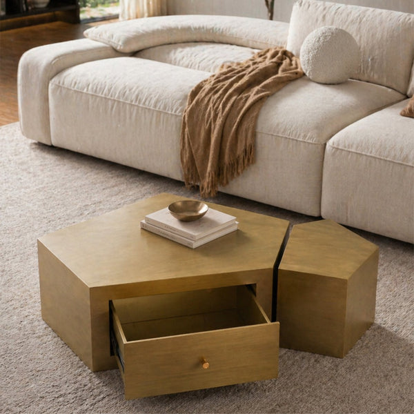 English Elm Modern Brushed Brass Nesting Coffee Tables Set of 2 with Drawer Boho Living Room W3456S00059