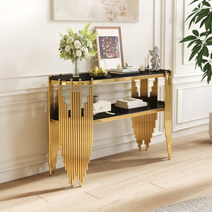 English Elm Luxury Art Deco Console Table Polished Steel Frame Dual Tempered Glass Entryway Accent Black+Gold W3456S00060
