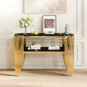 English Elm Luxury Art Deco Console Table Polished Steel Frame Dual Tempered Glass Entryway Accent Black+Gold W3456S00060