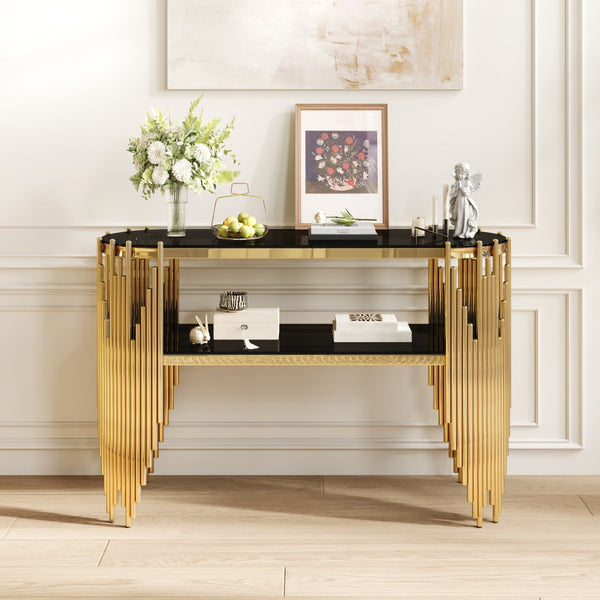 English Elm Luxury Art Deco Console Table Polished Steel Frame Dual Tempered Glass Entryway Accent Black+Gold W3456S00060