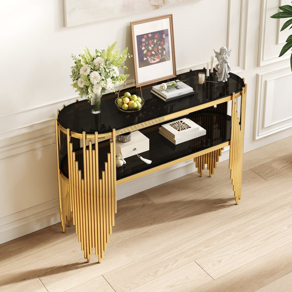 English Elm Luxury Art Deco Console Table Polished Steel Frame Dual Tempered Glass Entryway Accent Black+Gold W3456S00060
