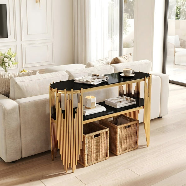 English Elm Luxury Art Deco Console Table Polished Steel Frame Dual Tempered Glass Entryway Accent Black+Gold W3456S00060