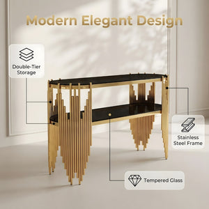 English Elm Luxury Art Deco Console Table Polished Steel Frame Dual Tempered Glass Entryway Accent Black+Gold W3456S00060