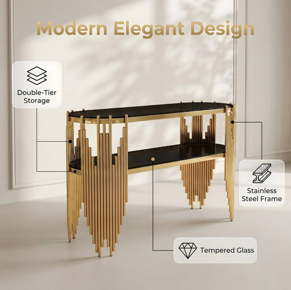 English Elm Luxury Art Deco Console Table Polished Steel Frame Dual Tempered Glass Entryway Accent Black+Gold W3456S00060