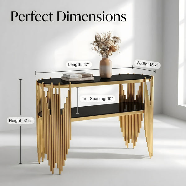 English Elm Luxury Art Deco Console Table Polished Steel Frame Dual Tempered Glass Entryway Accent Black+Gold W3456S00060