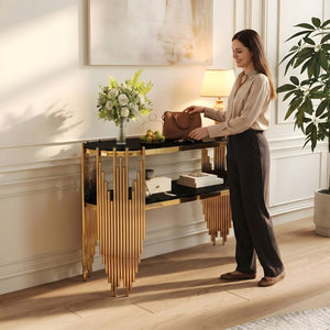 English Elm Luxury Art Deco Console Table Polished Steel Frame Dual Tempered Glass Entryway Accent Black+Gold W3456S00060
