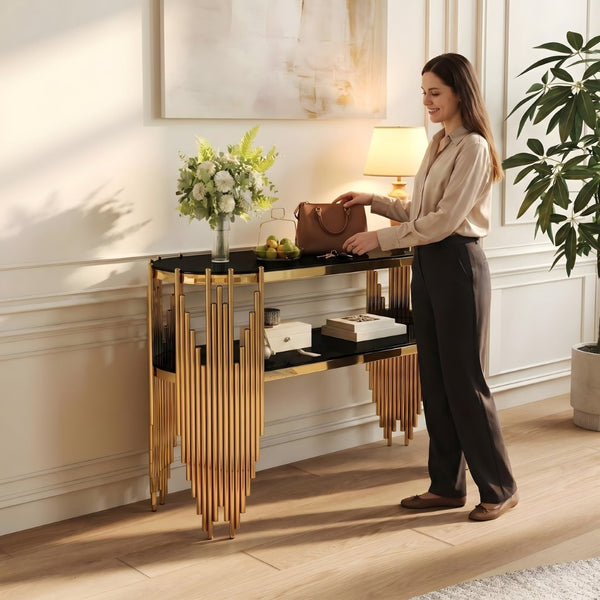 English Elm Luxury Art Deco Console Table Polished Steel Frame Dual Tempered Glass Entryway Accent Black+Gold W3456S00060