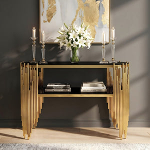 English Elm Luxury Art Deco Console Table Polished Steel Frame Dual Tempered Glass Entryway Accent Black+Gold W3456S00060