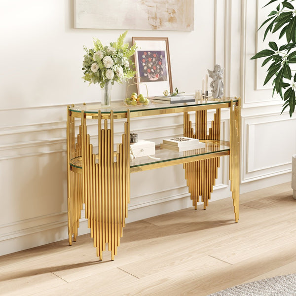 English Elm Luxury Art Deco Console Table Polished Steel Frame Dual Tempered Glass Entryway Accent Gold W3456S00061