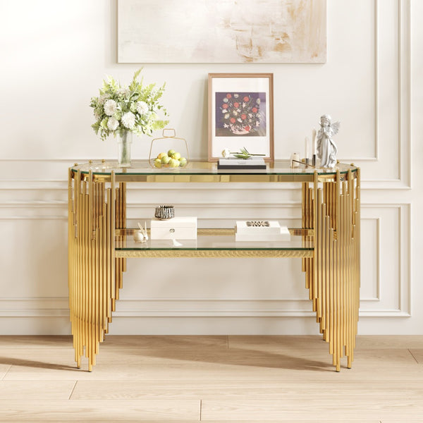 English Elm Luxury Art Deco Console Table Polished Steel Frame Dual Tempered Glass Entryway Accent Gold W3456S00061