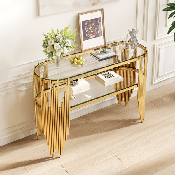 English Elm Luxury Art Deco Console Table Polished Steel Frame Dual Tempered Glass Entryway Accent Gold W3456S00061