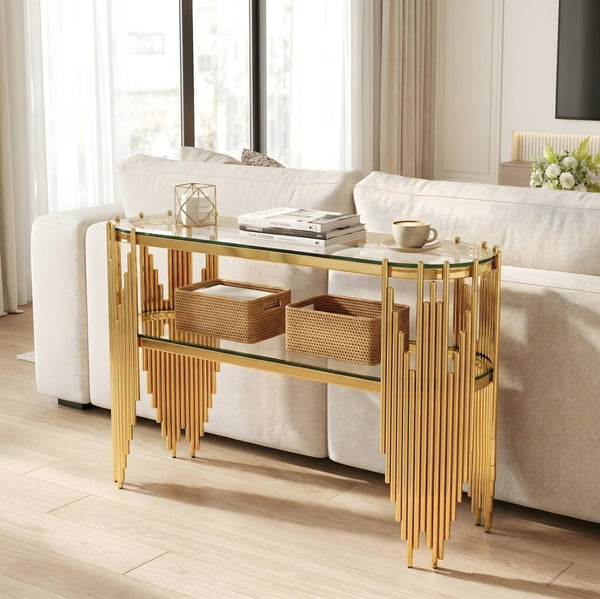 English Elm Luxury Art Deco Console Table Polished Steel Frame Dual Tempered Glass Entryway Accent Gold W3456S00061